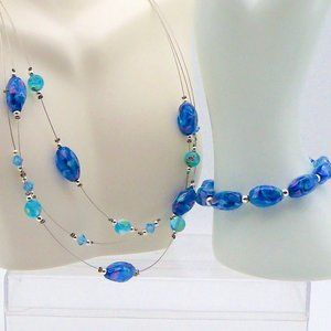 Blue Glass Bead Sterling Silver Choker and Bracelet